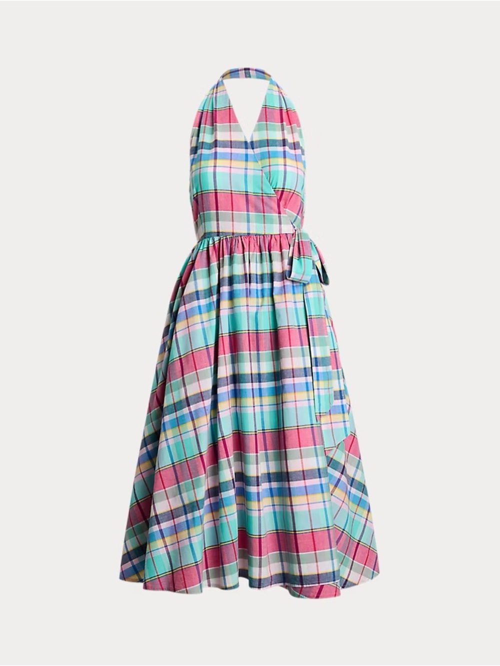 NWT - Polo Ralph Lauren Plaid Cotton Halterneck Wrap Midi-Dress (US 14)